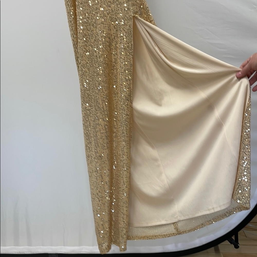 Gold Sequin Spaghetti Strap Full Length Gown - Picture 3 of 7